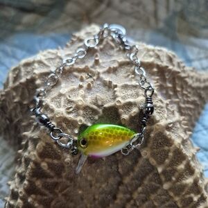 Silver Bracelet with Green and Yellow Fishing Lure Charm